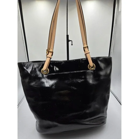 Michael Kors Black Patent Leather Shoulder Tote Bag MK Charm Gold Hardware - Picture 2 of 12